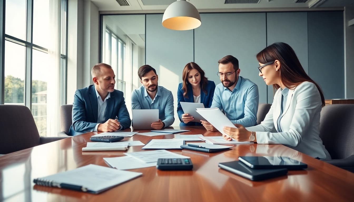 Tax consultants in Kenya assisting clients with financial documents and advice in a professional setting.