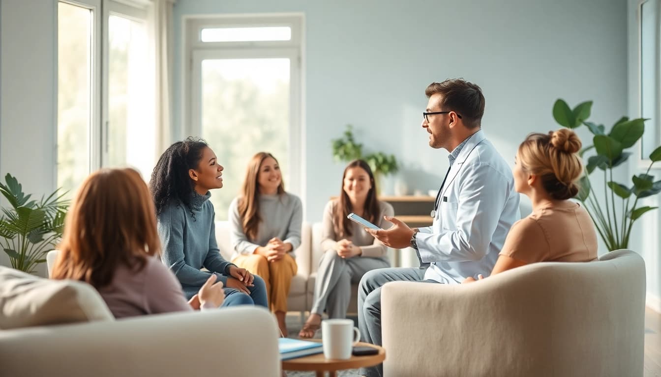 Addressing anxiety symptoms in a calming therapy session with a diverse group.