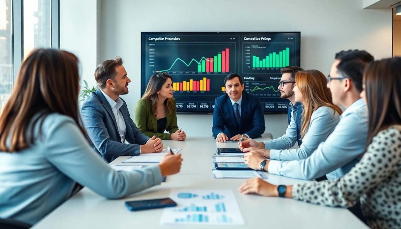 Analyze competitor pricing strategies with professionals in a modern setting.