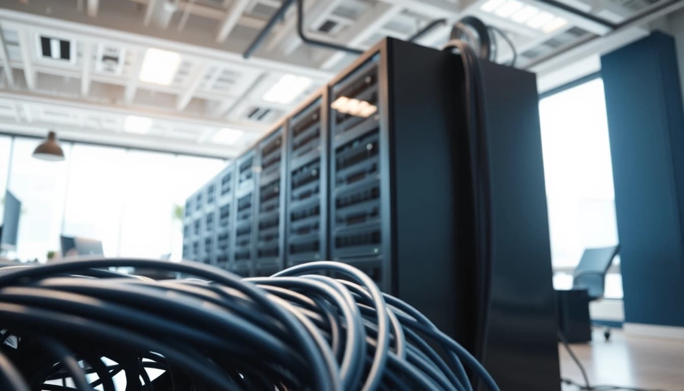 Deploying robust network infrastructure with advanced technology in a modern office setting.
