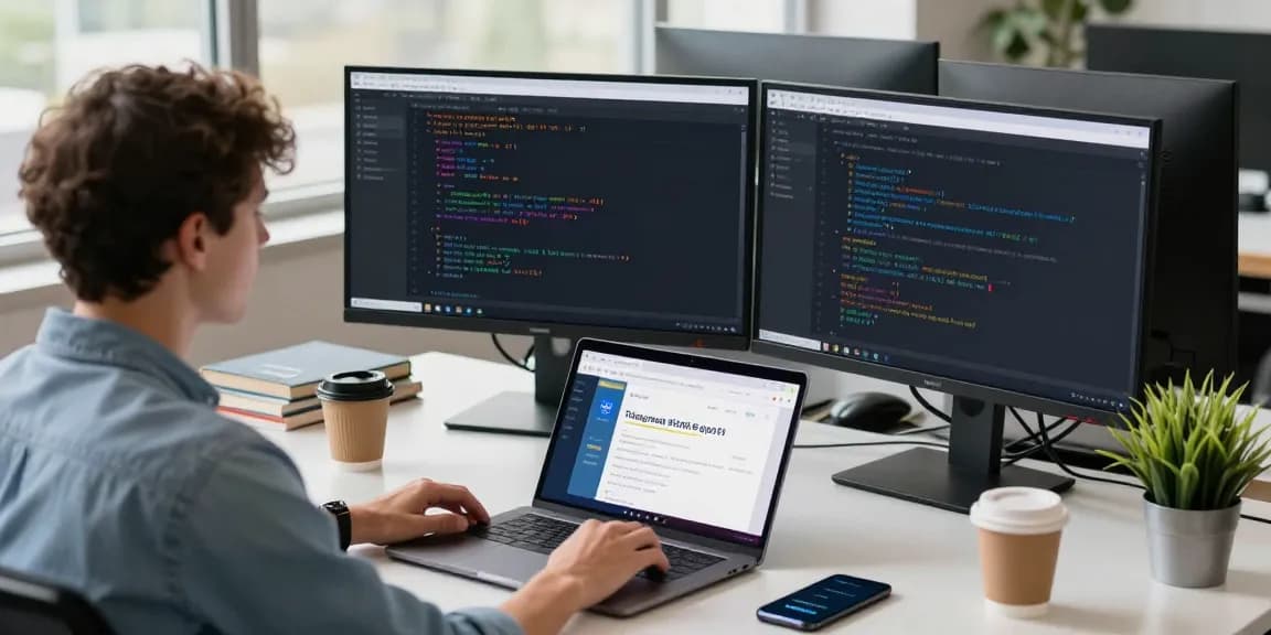 Developer creating features for 纸飞机中文版 in a modern workspace with coding elements and tech tools.