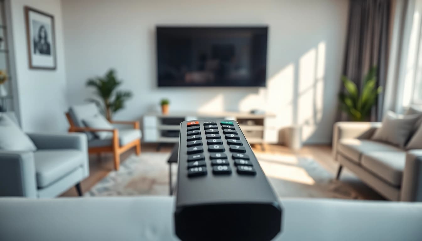 Steuern Sie Ihren Fernseher mit der Samsung Fernbedienung NU in einer modernen Wohnumgebung.
