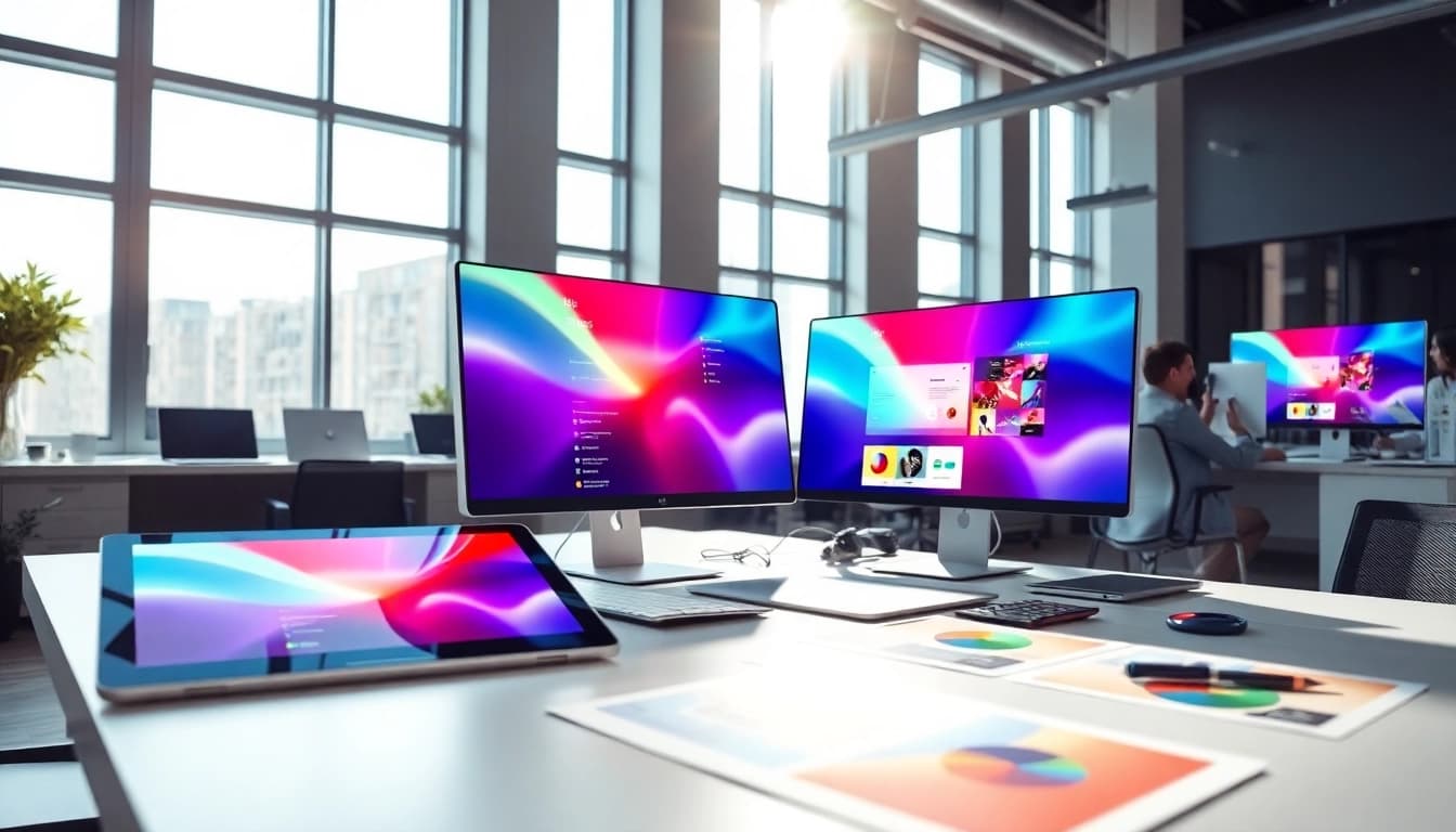 Webdesign Braunschweig: Kreativer Webdesigner präsentiert digitale Benutzeroberfläche in modernem Büro.