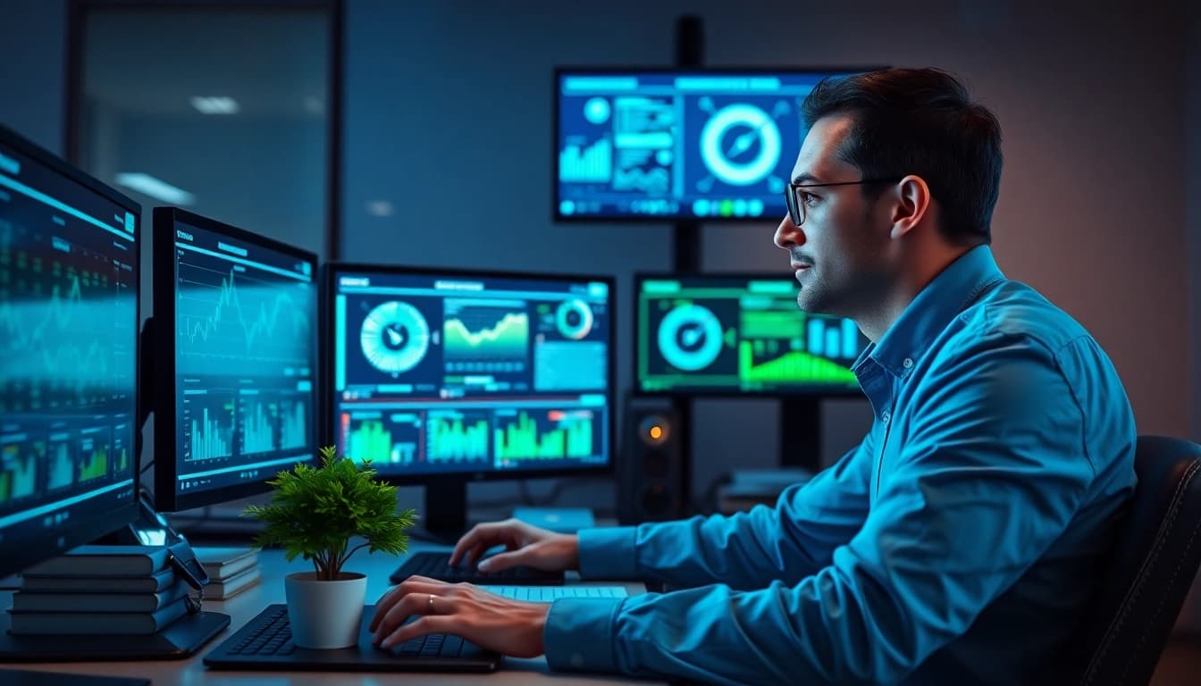 Cybersecurity AI analyst at a modern workstation analyzing data and trends.