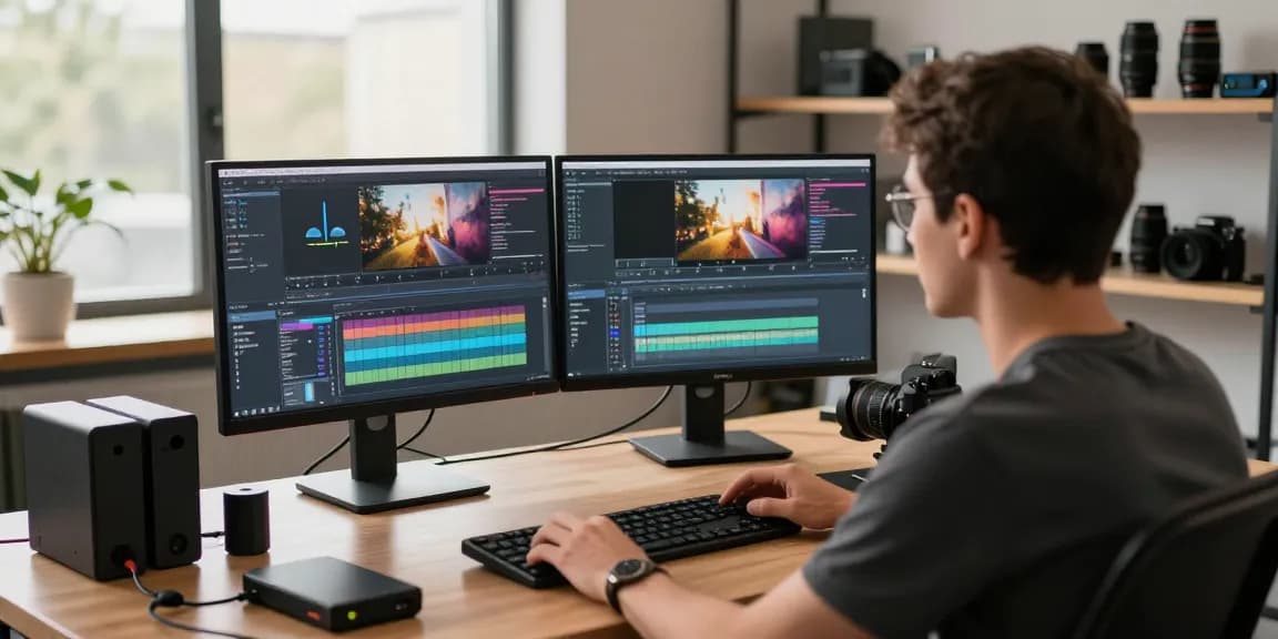 content creator using prompt ai in a modern video editing studio