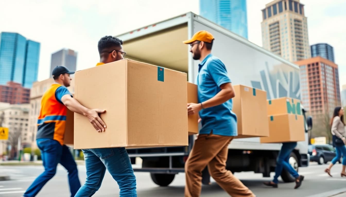 Movers in Detroit efficiently loading a truck against a bustling city skyline.