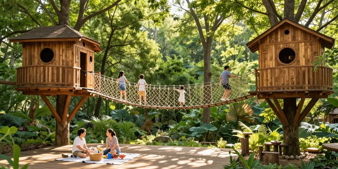 Family enjoying rope bridge design between treehouses, surrounded by lush greenery.