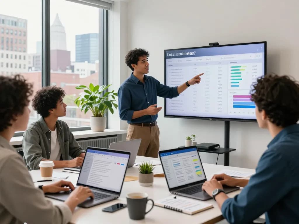 Local SEO NYC collaboration in a modern office setting with a diverse marketing team analyzing strategies for digital visibility.