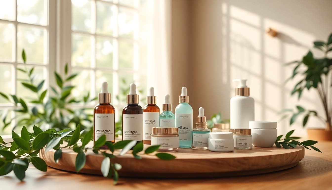 Produkter för anti-age hudvård vackert uppställda i en lugn spa-miljö.