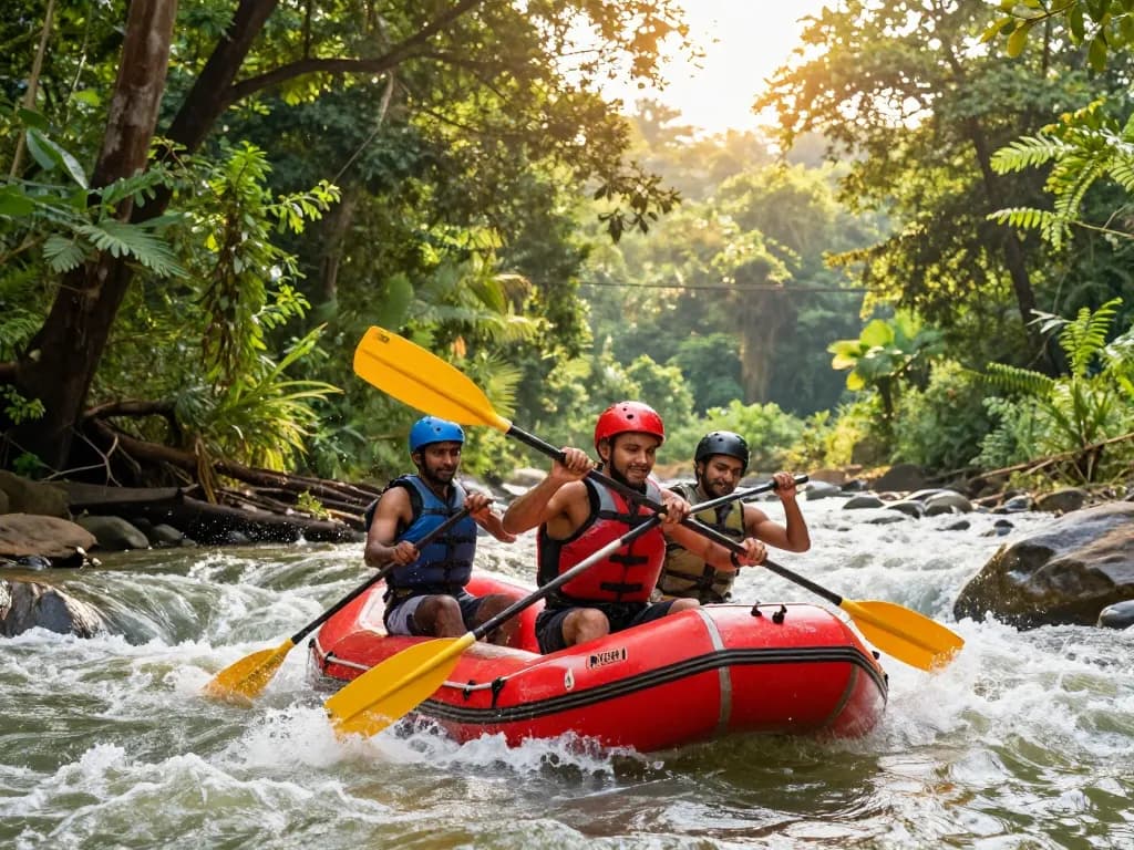 Dandeli adventure with traveler rafting on Kali River surrounded by lush forests.