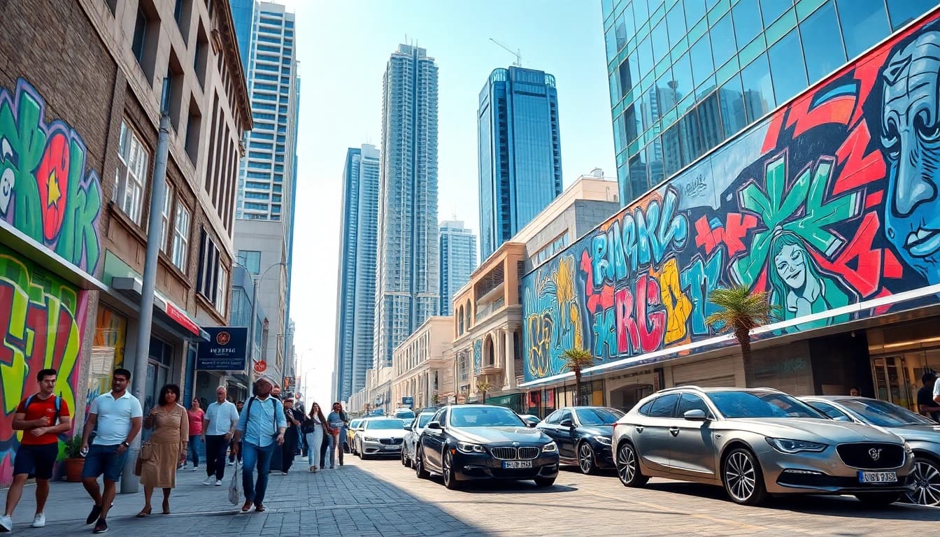 Experience the vibrancy of City Life Dubai through a bustling urban scene filled with diverse people and skyscrapers.