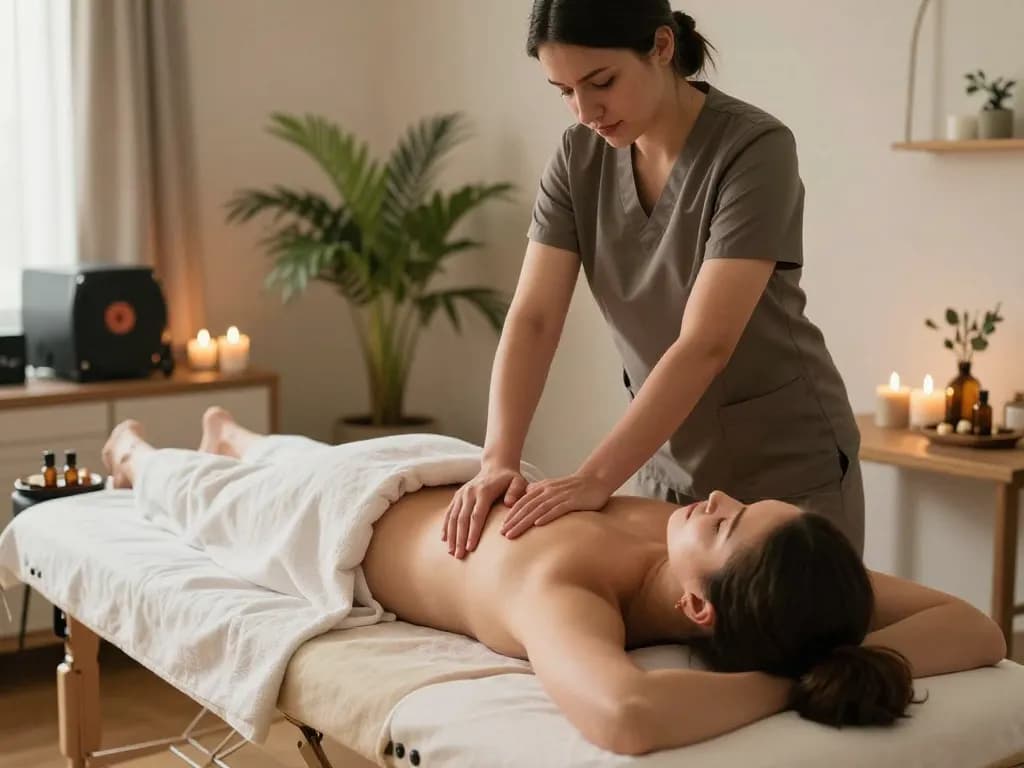 평화로운 가정 환경에서 russiamobilemassage.com의 전문 서비스를 보여주는 모바일 마사지 치료 세션.