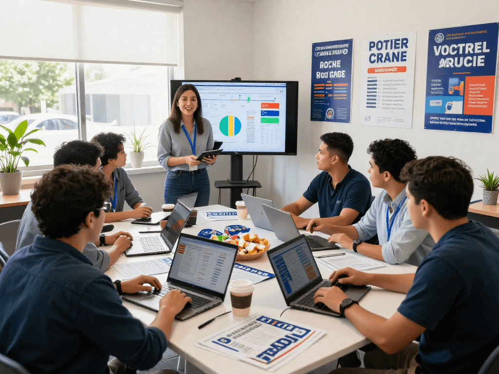 Effective political email marketing strategy session in a vibrant campaign office.
