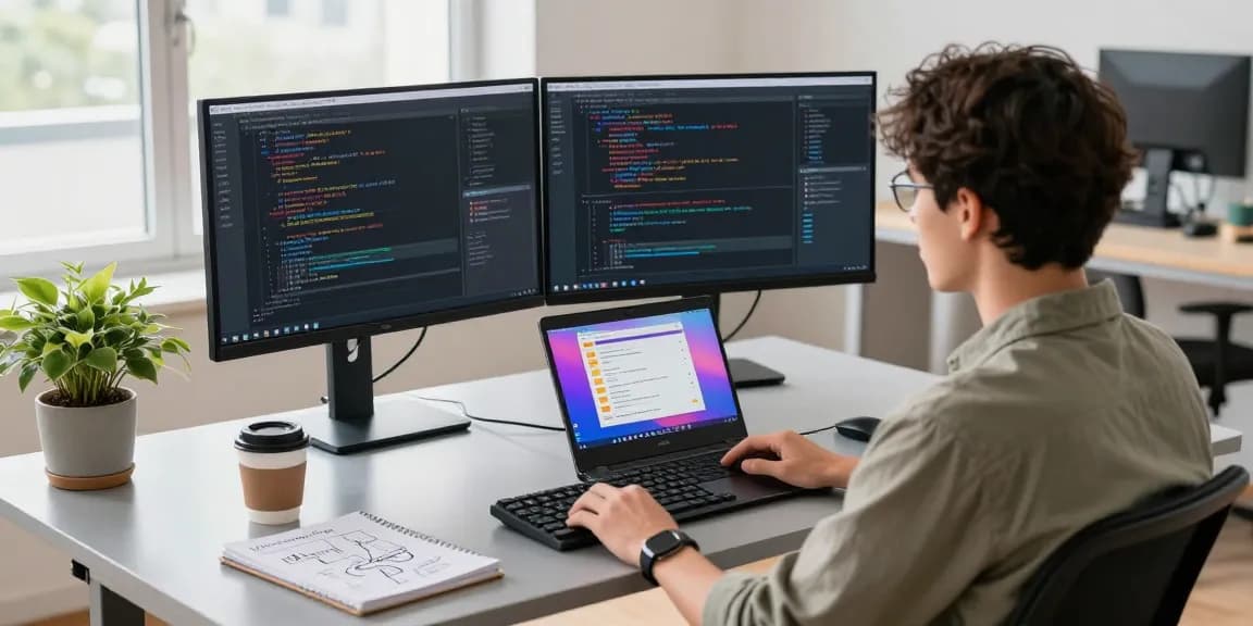 Professional developer coding on dual monitors using telegram中文, vibrant workspace setting with modern tech elements.