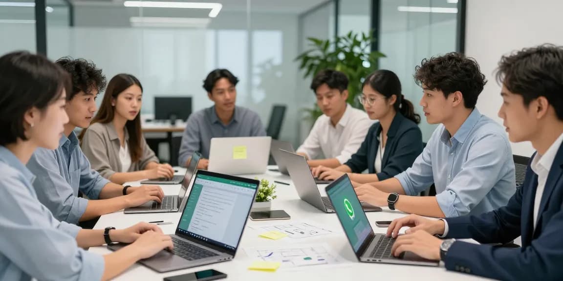 Team discussing WhatsApp網頁版 usage in a modern office setting, showcasing collaborative communication.