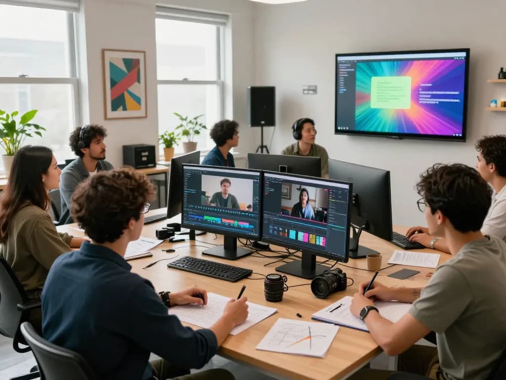 Video to prompt ai teamwork in a creative workspace brainstorming video projects and prompts.