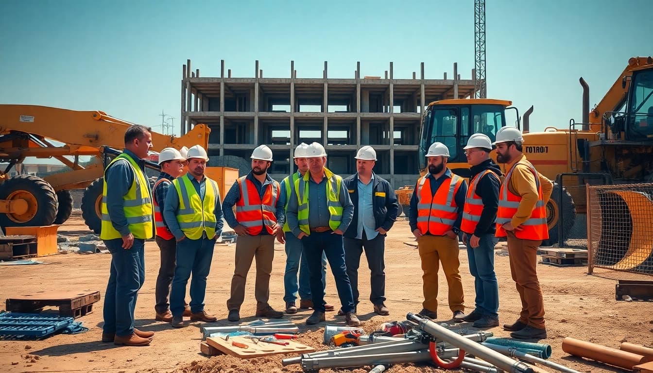 Showcasing construction events with workers engaged in collaborative building efforts.