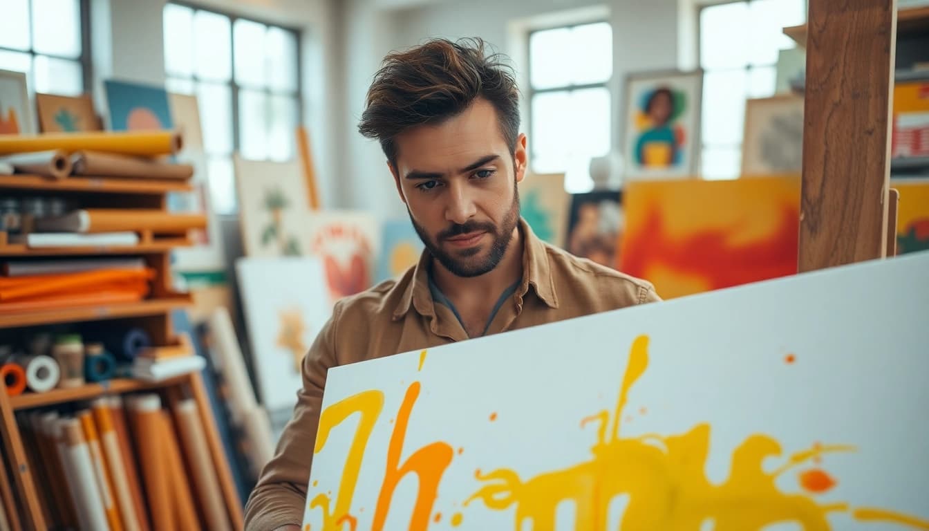Canvas waarop een kunstenaar kleurrijke abstracte schilderij aanbrengt in een creatieve studio.