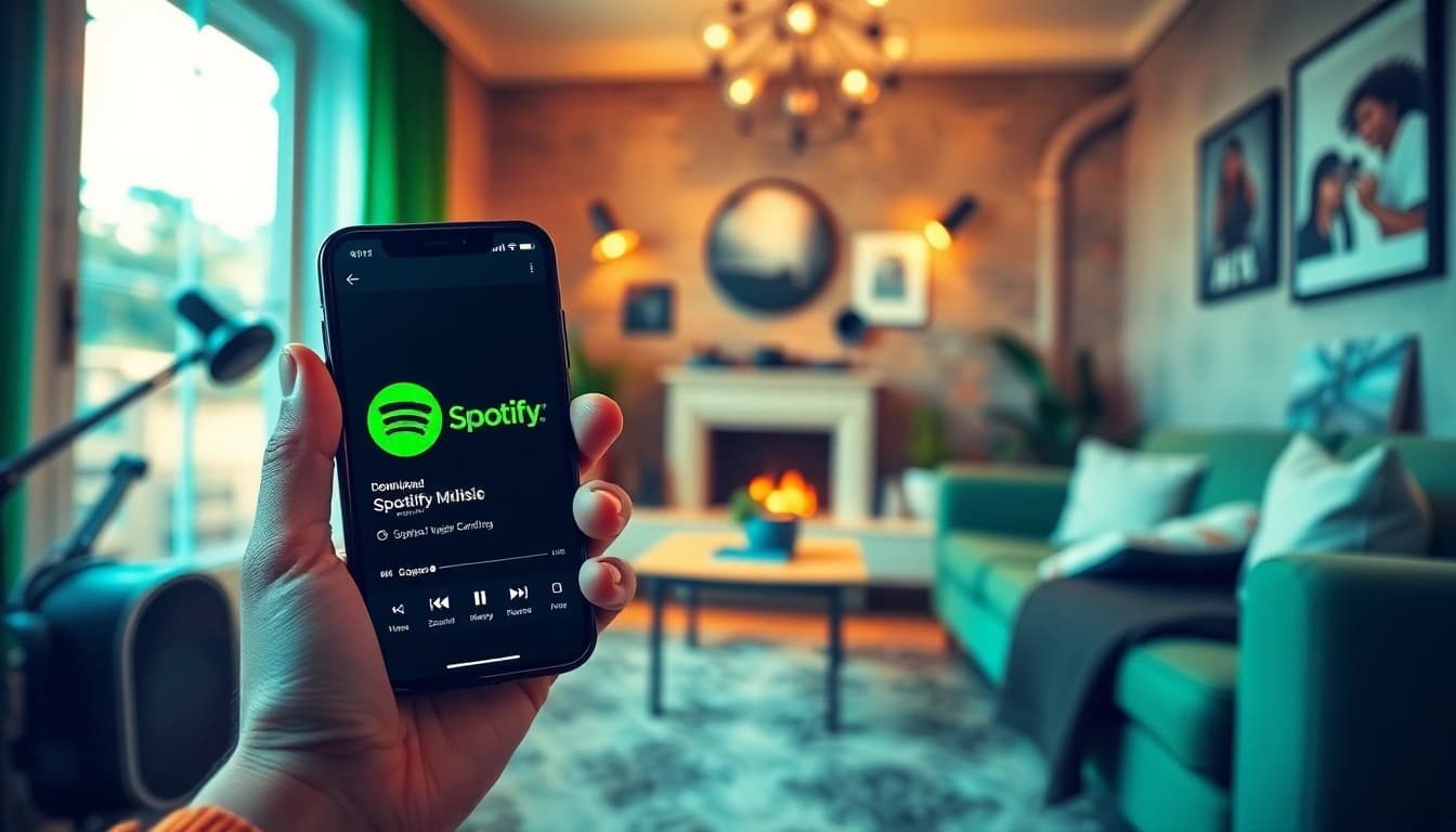 Engaging scene featuring a smartphone with Spotify mod apk, showcasing a cozy music-loving atmosphere.