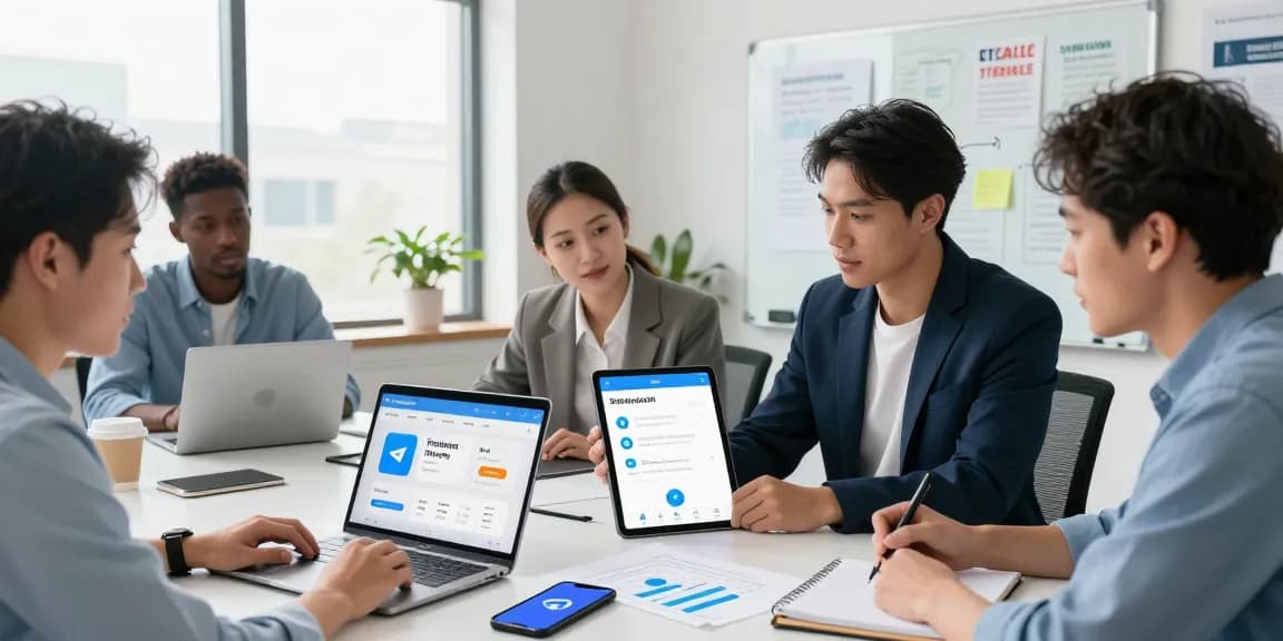 Team collaborating on Telegram中文 settings project in a modern office