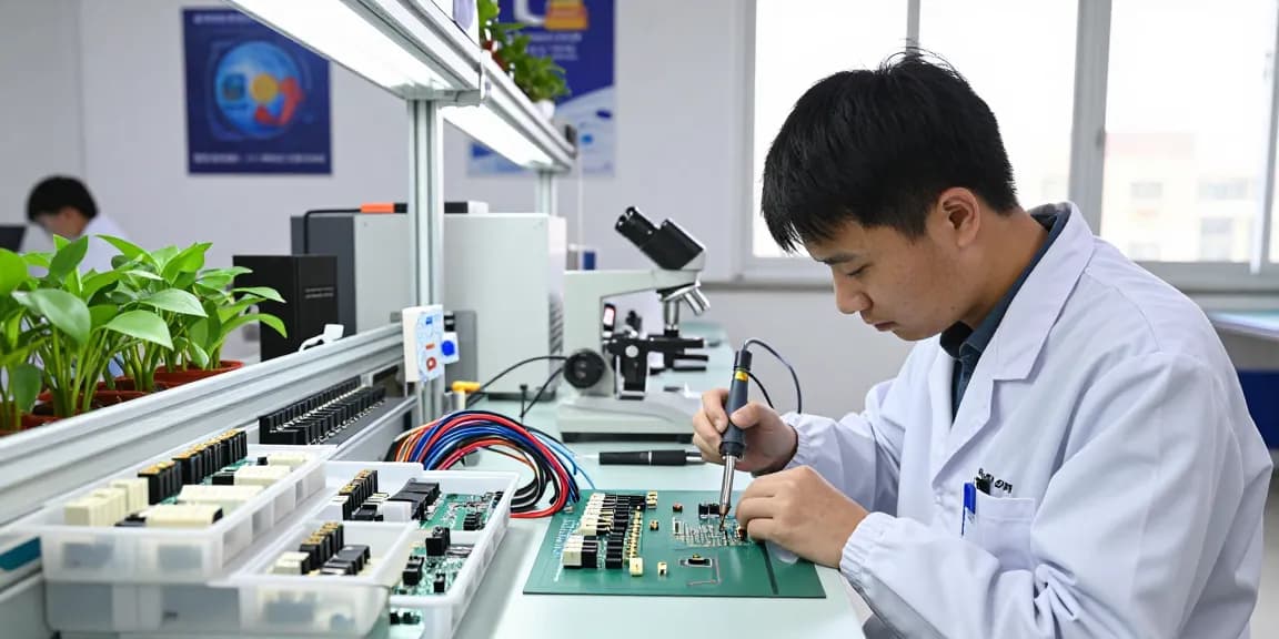 Technician assembling IEC connectors at a clean workstation in an electronics manufacturing lab.
