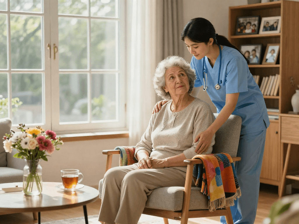 Bonus new member program highlights a caregiver assisting an elderly woman in a cozy home setting.