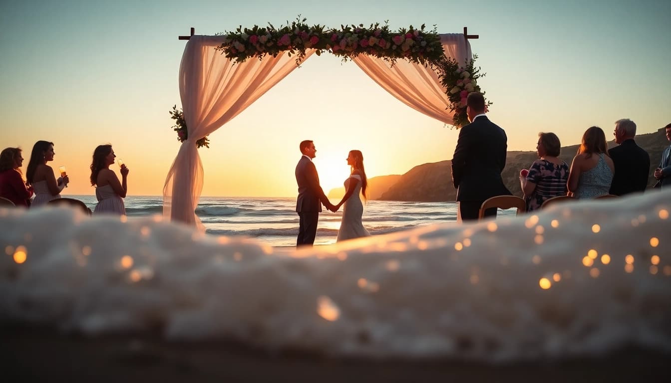 Big Sur wedding photographer captures a stunning seaside wedding with golden sunset lighting.