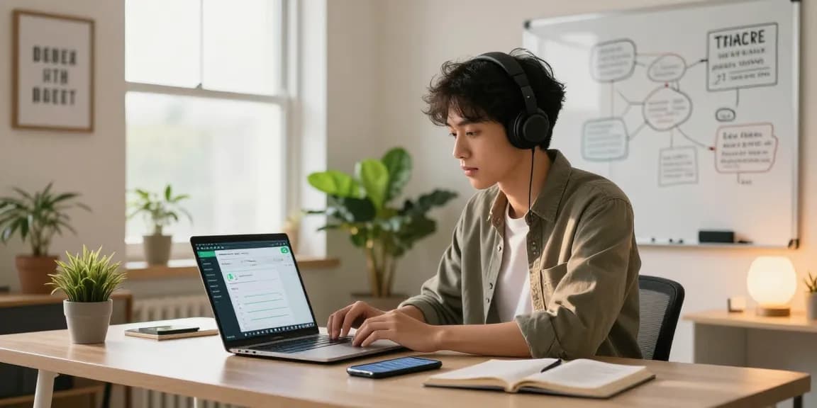 Engaged professional using WhatsApp網頁版 in a modern home office setup with natural lighting and organized workspace.