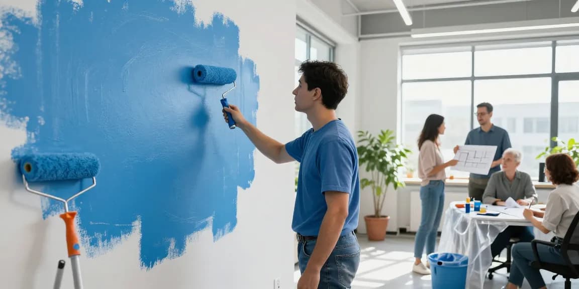 Commercial painters Sarasota County FL transforming office space with vibrant paint, enhancing workspace aesthetics and productivity.