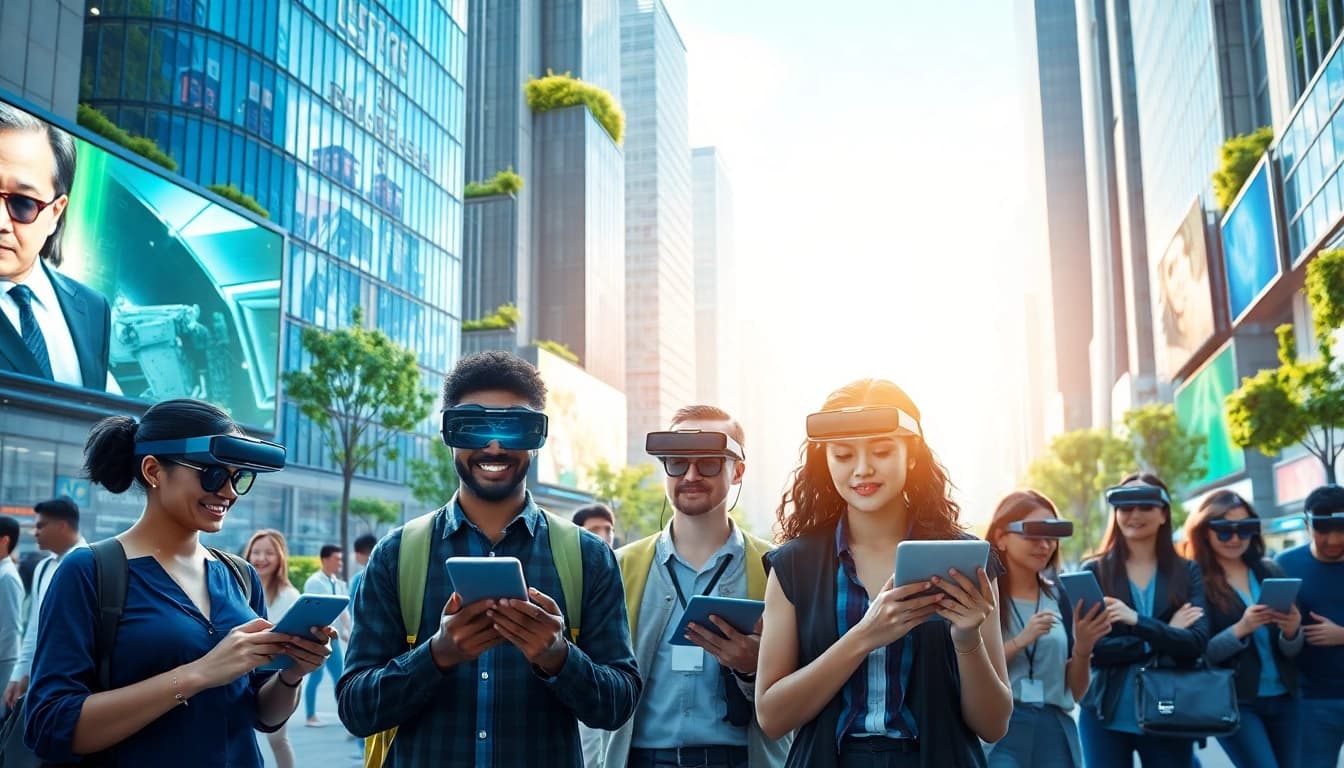 Explore technology integration in society at https://mohamedmmblog.tech featuring diverse individuals using devices.