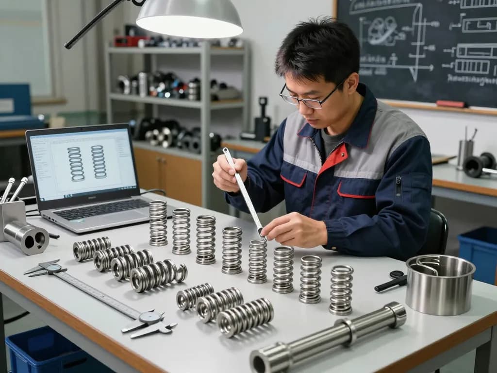 Tehnician inspectând arcuri inox într-un atelier, evidențiind meșteșugul și calitatea.