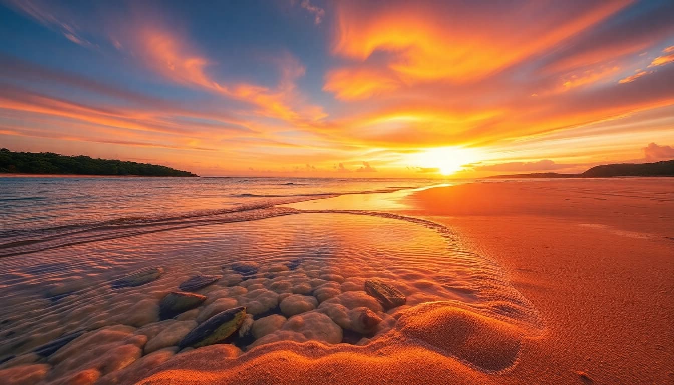 Explore a beleza serena de Paripueira AL, destacando sua deslumbrante praia e as vibrantes poças de maré ao pôr do sol.