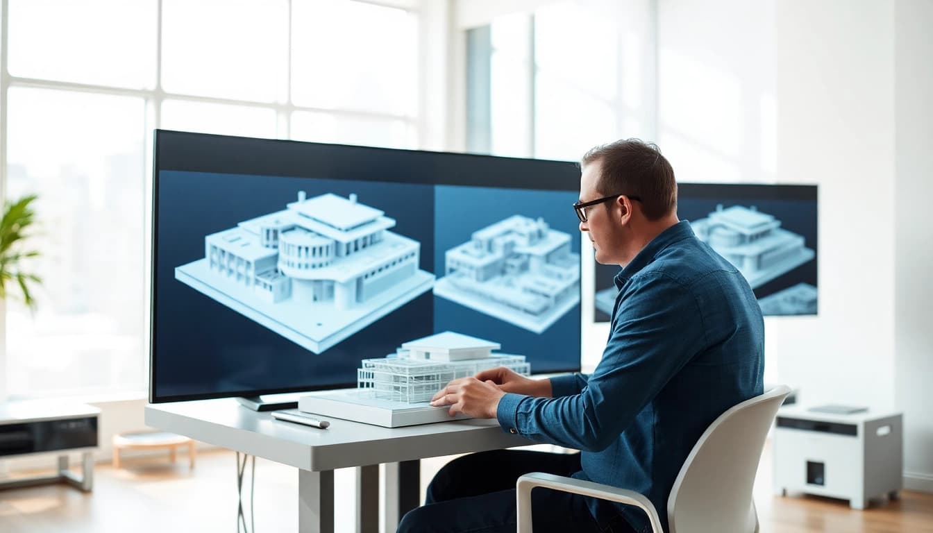3D Visualisierung erstellen durch einen Designer in einem modernen Studio mit 3D-Modellen.