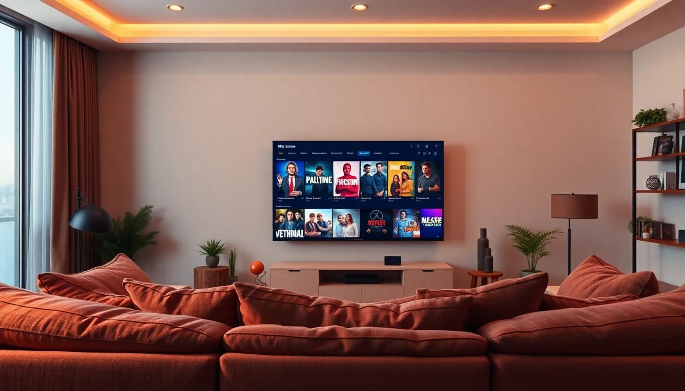 Browse the latest web series online on a modern streaming interface in a cozy living room.