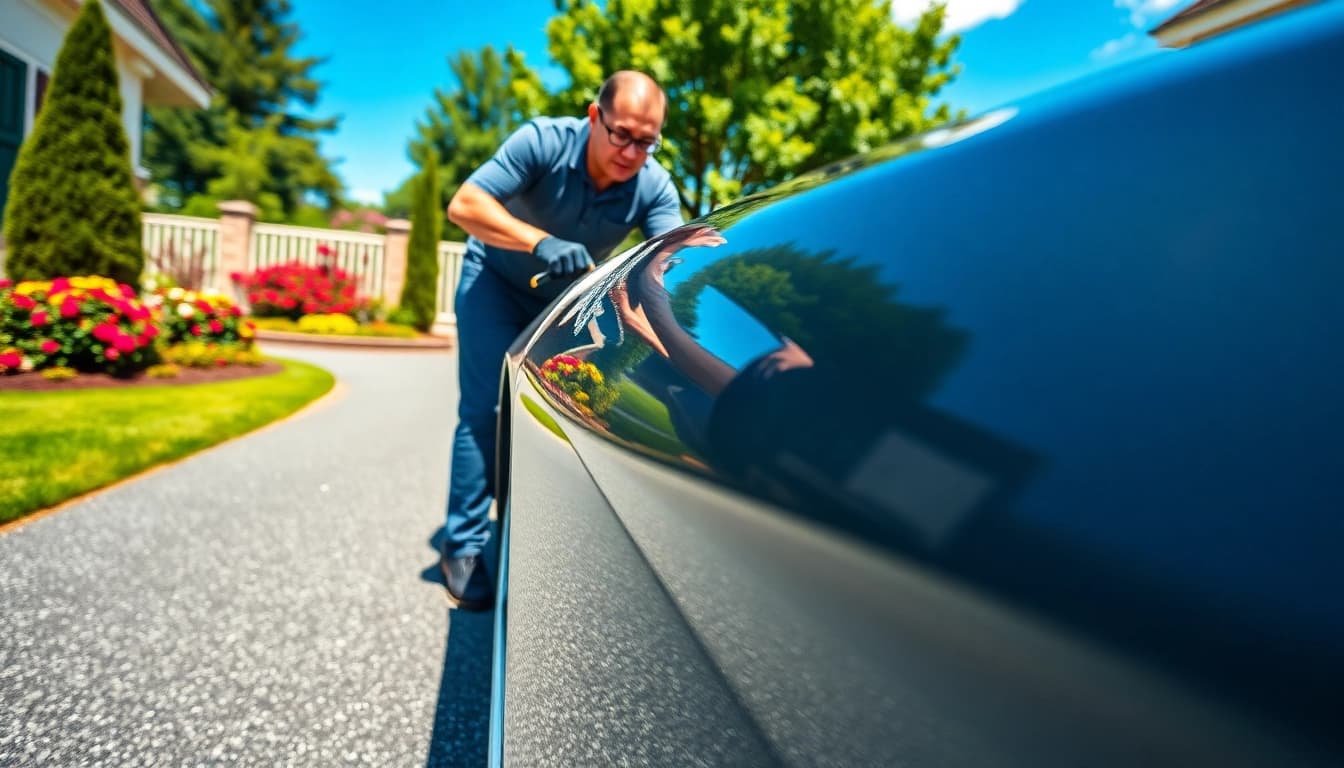 Experience professional mobile wax service enhancing the shine of a car in a beautiful garden.