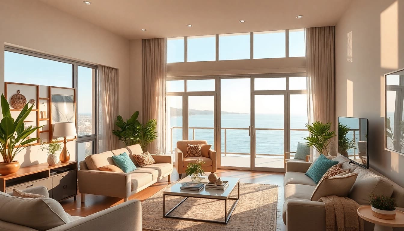 View a modern living area of Alanya apartments for rent showcasing bright coastal vibes.
