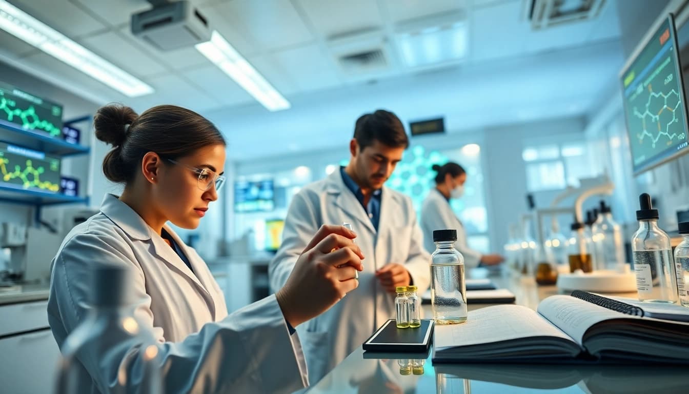WIN55 cannabinoid research in a modern laboratory setting with scientists examining samples.