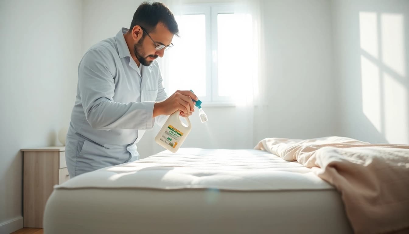 Demonstrating effective bed bug control methods in a bright bedroom.