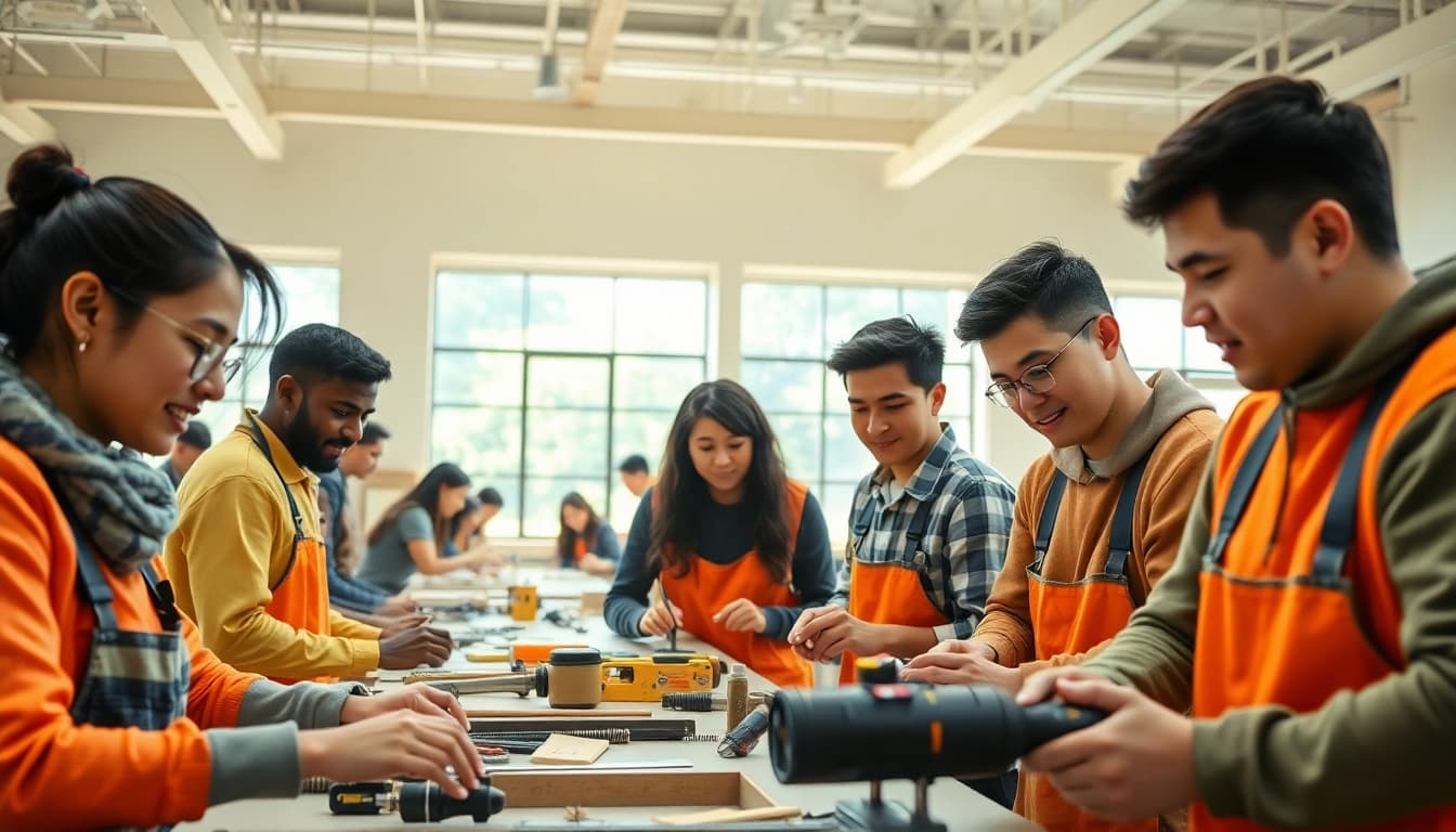Engaged students participating in construction training programs to gain hands-on experience.