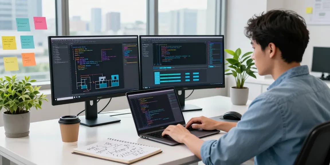 Developer using openclaw ai on dual monitors in a modern workspace