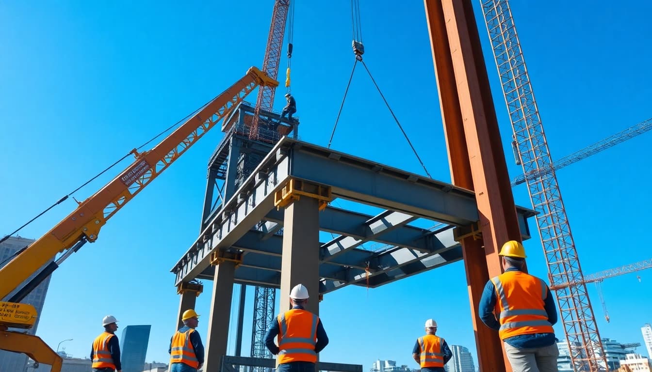 Workers engaged in structural steel installation, showcasing teamwork and precision.