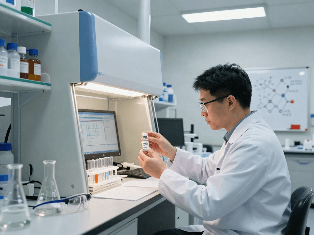 Scientist examining TB-500 research peptides in a modern laboratory setting with glassware and molecular structures.