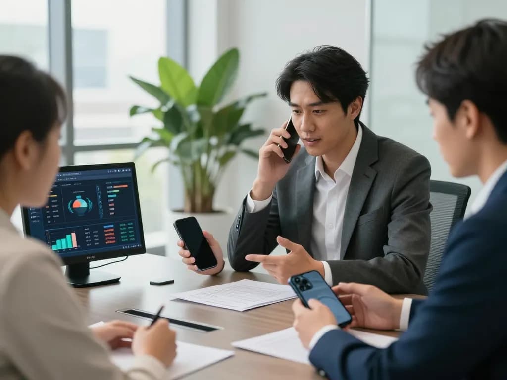 폰테크 재정 상담사가 모바일 거래에 대해 논의하며 현대 사무실의 역동성과 기술을 보여주고 있습니다.