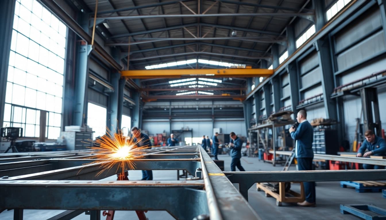 Craftsmen working in a steel fabrication shop, showcasing precision and teamwork in metal assembly.