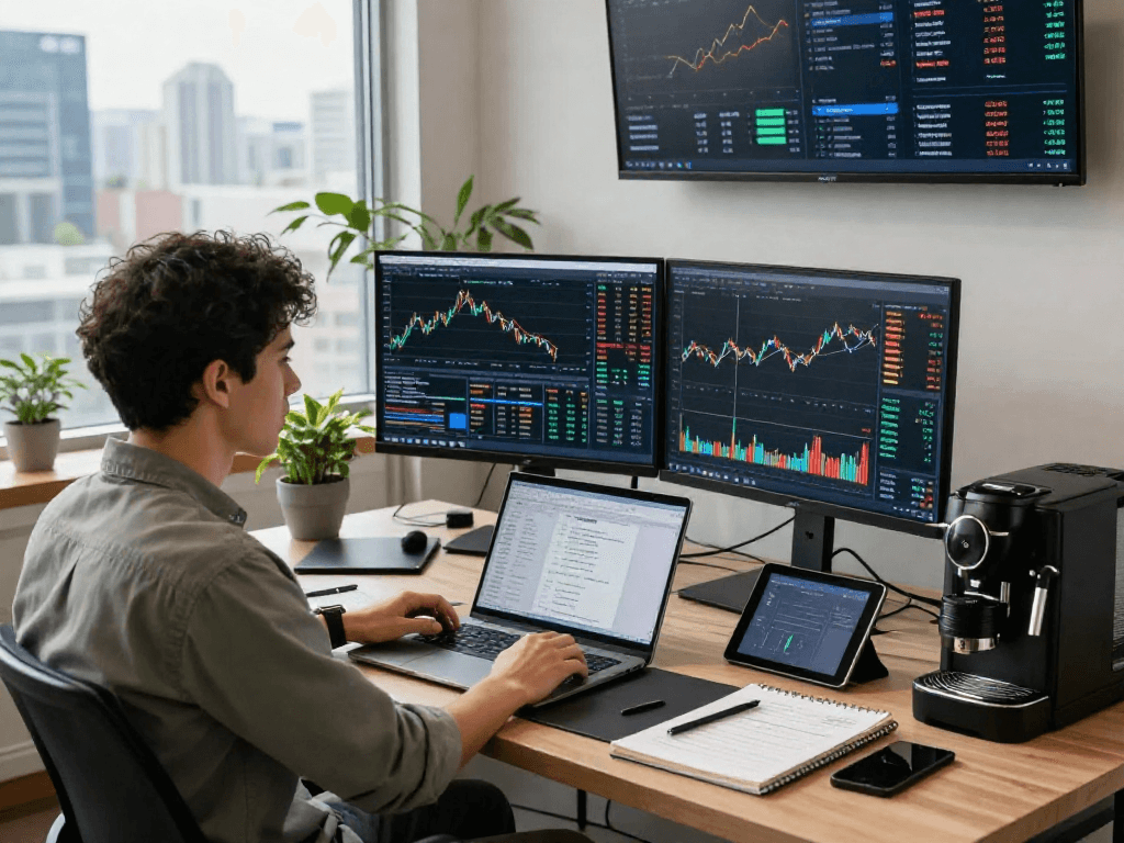 Traders using TradingView to analyze stock and cryptocurrency data in a modern workspace.