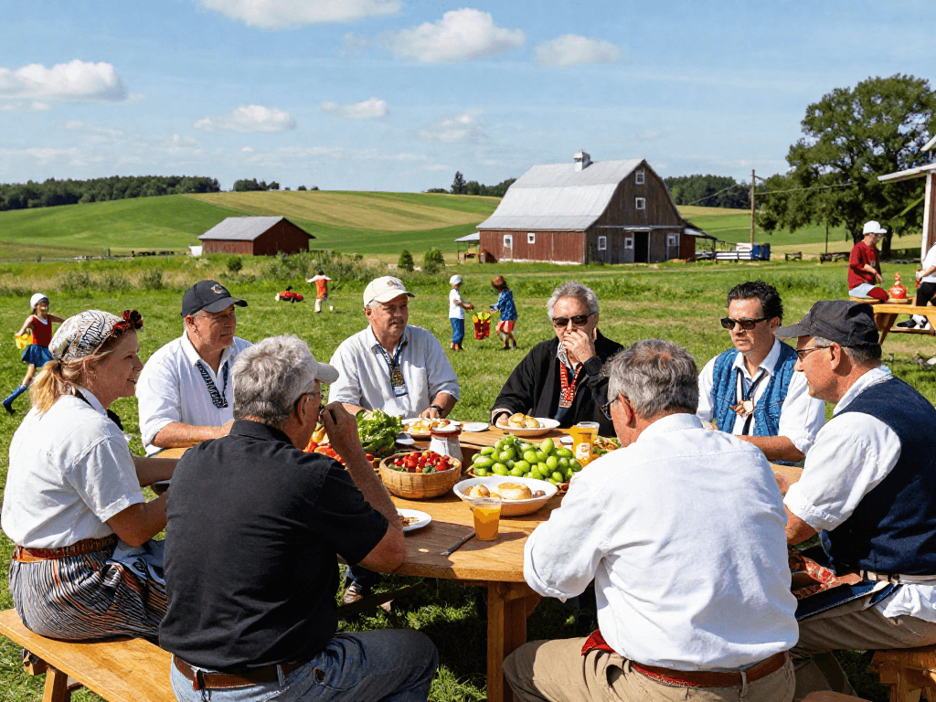Gathering discussing mennonite doctrine in a serene rural setting.