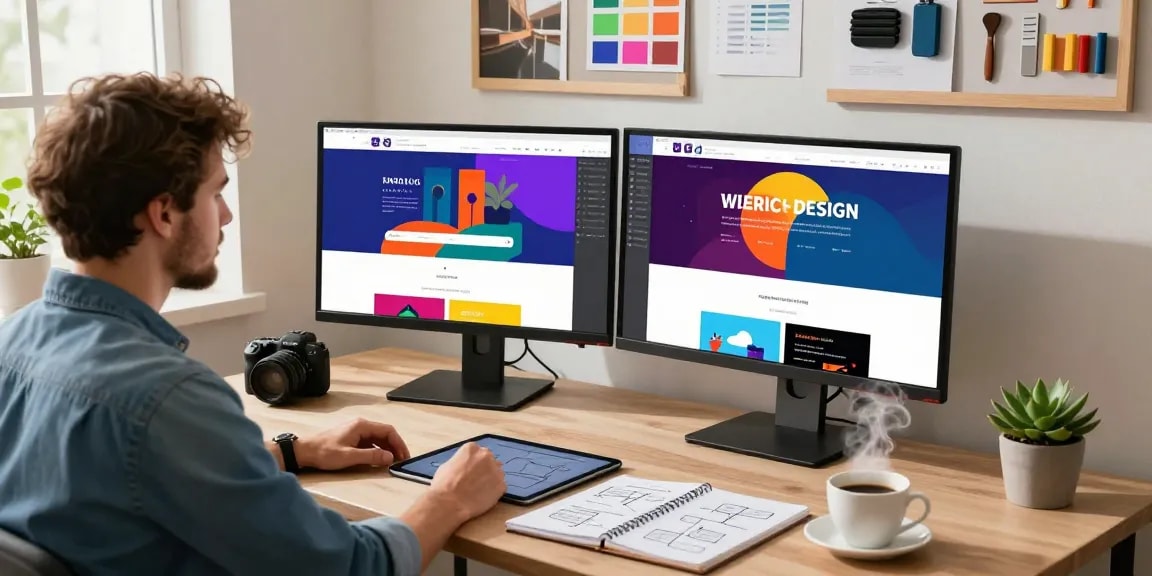 UX/UI designer at dianneprice.com workspace creating interactive website designs with vibrant mockups.