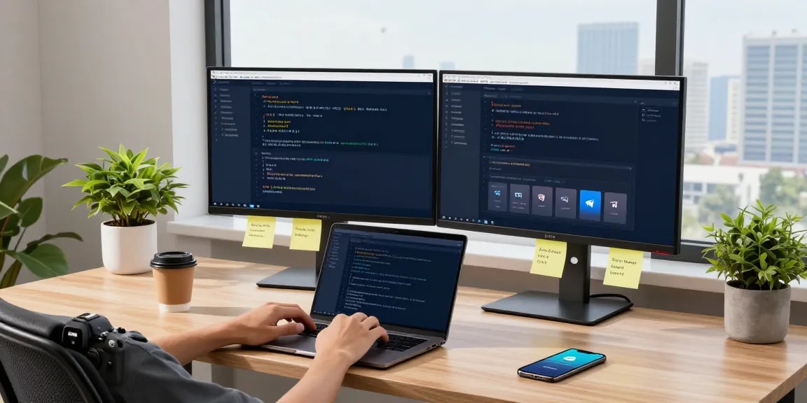 Developer configuring telegram中文 interface in a modern workspace.