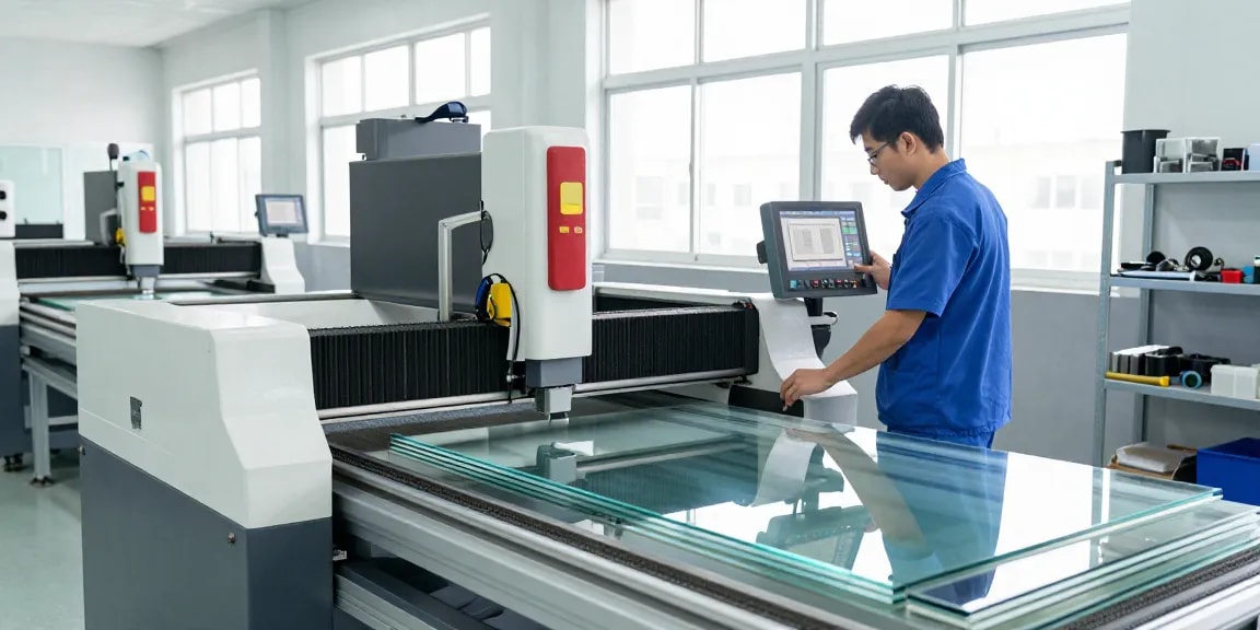 Technician operating a glass cutting machine cnc in a modern facility focused on precision and quality.