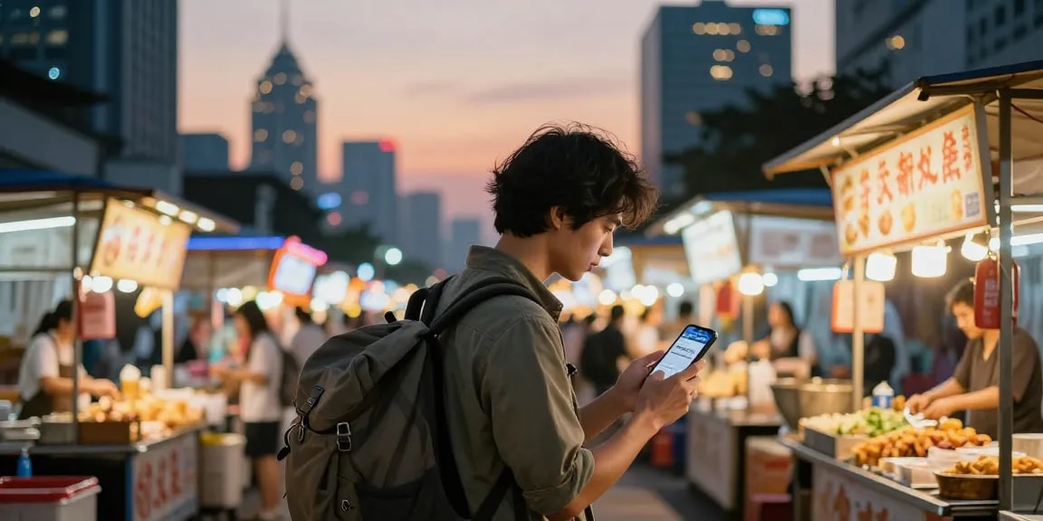 Traveler checking esim coupon code amidst vibrant city lights and street vendors.